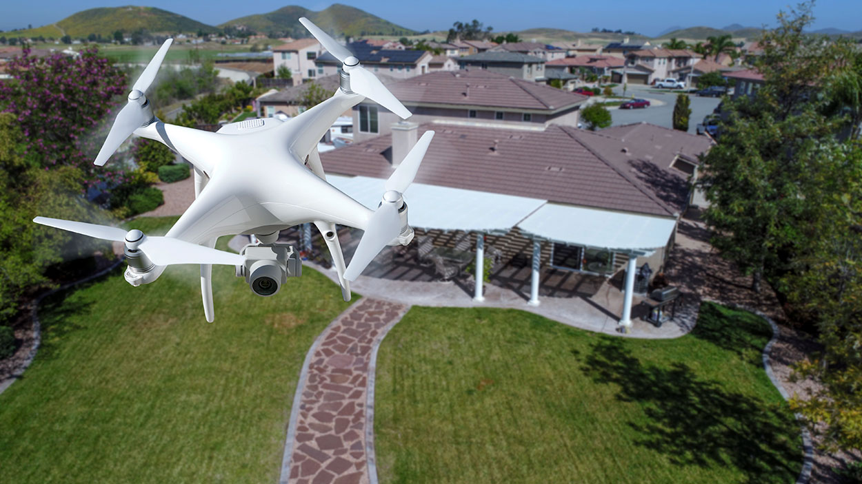 Image of a drone camera used by Anderson Engineering to capture aerial footage at loss scenes. Image of drone camera system used for capturing damage scene footage.